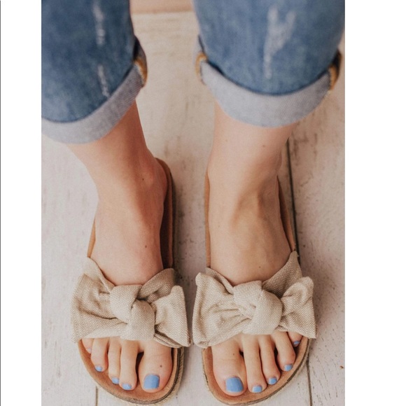 Beige Slip On Linen Fabric Bow Sandals - Picture 5 of 14